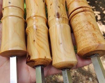 Skrobak do prętów ferrocerowych Bushcraft, skrobak do ognioodpornej stali szybkotnącej. Drewno cisu pacyficznego, klon ptasie oczko.