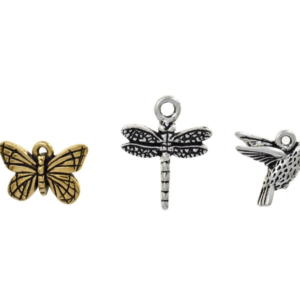 Tierracast Flying Charms. Hummingbird Charm. Dragonfly Charm. Butterfly Charm. Tierra Cast. Silver- and Gold-Plated Pewter.