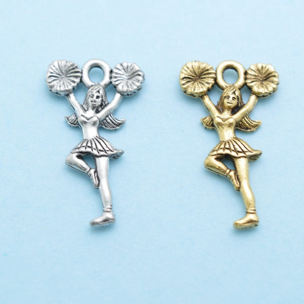 Cheerleader Charm in Antique Silver or 24K Gold Plated Pewter. Cheerleading Gifts. Cheerleading Jewelry. Pompom. Cheer. Cheering.