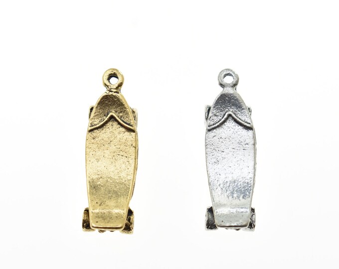Skateboard Charm: Antique Gold or Silver Pewter, USA Made