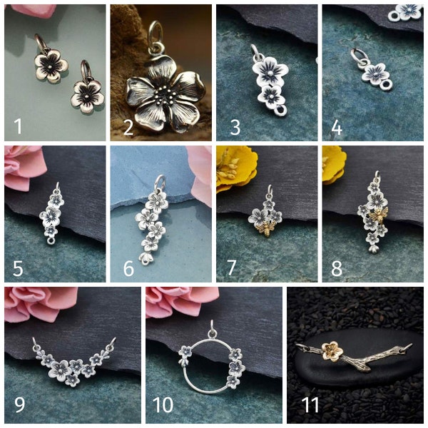 Cherry Blossom Charms in Sterling Silver. Silver Charm. Charms Only. Charms. Flower Charm