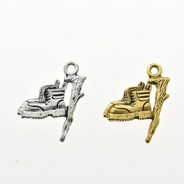 Hiking Boots and Walking Stick Charms in Antique Silver Pewter or 24 K gold Plated Pewter. Jewelry Findings. Nature charm