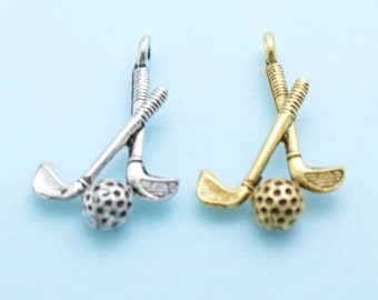 Golf Club and Golf Ball Charms in Antique Silver Pewter or 24K Gold Plated Pewter. DIY. Jewelry Findings. Tee. Golfer.