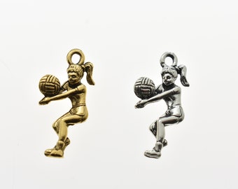 Volleyball Girl Charm in Antique Gold Plated or Silver Pewter.  Volleyball charm.  Volleyball Necklace.  Volleyball Jewelry.