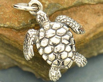 Sterling Silver Sea Turtle Charm: Spiral Detail Beach Charm