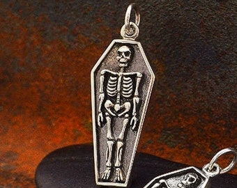 Sterling Silver Skeleton Charm in Coffin. Sterling Silver Charm. Halloween Charm. Skeleton Charm.