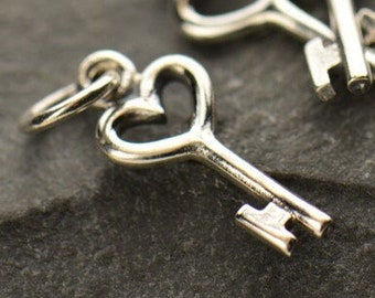 Sterling Silver Heart Key Charm: Tiny Victorian Style Pendant