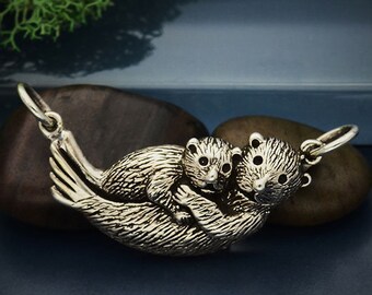 Mama and Baby Sea Otter Pendant Festoon in Sterling Silver. Sterling Silver Charm. Charms Only. Ocean