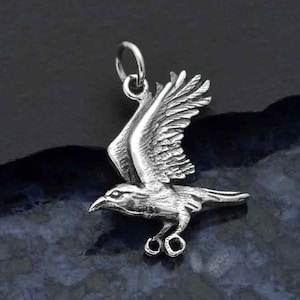 Sterling Silver Flying Raven Pendant: Mythic Bird Charm