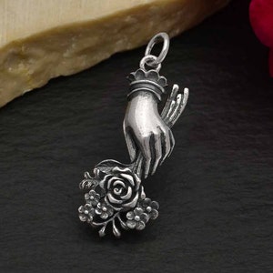 Sterling Silver Hand Holding Flower Bouquet Charm: Victorian Friendship