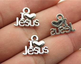 15pcs I Love Jesus Charms Connectors Religious Charms Antique Silver Tone 27x17mm cf3145