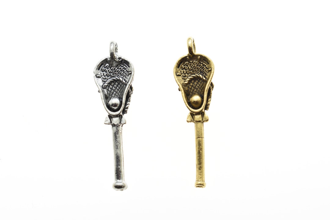 Lacrosse Stick Charm in Antique Gold Plated or Silver Pewter. Lacrosse