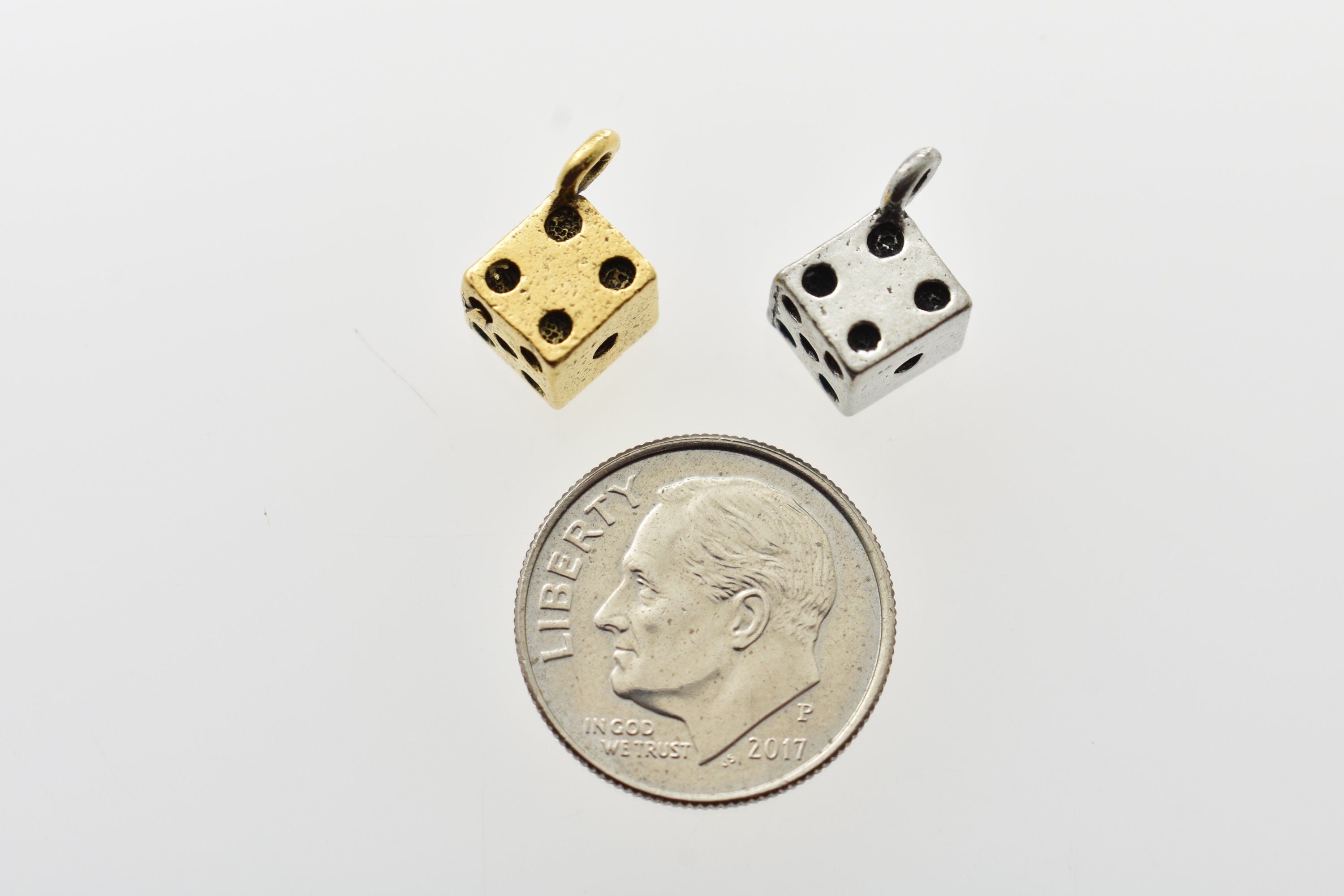 Dice Charm in Antique Gold Plated or Silver Pewter. Dice 