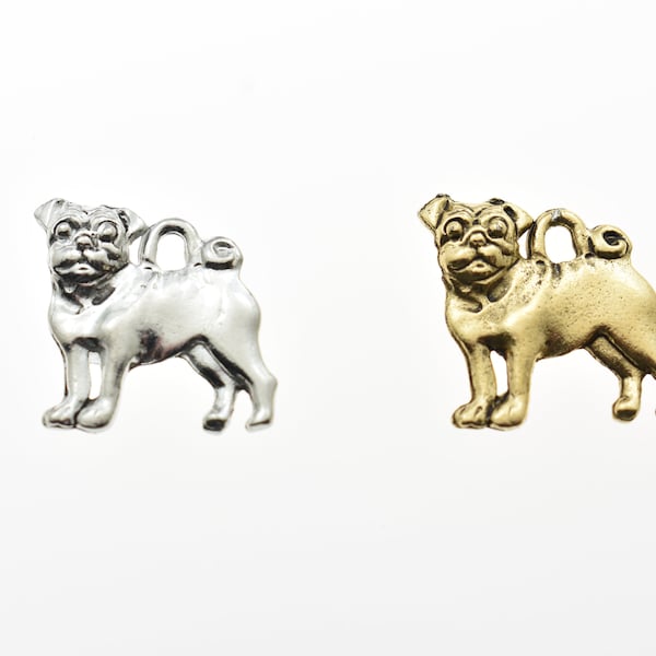 Pug Charm in Antique Gold Plated or Silver Pewter. Pug Charm. Pet Dog Charm. Bracelet Charms. Necklace Charms. Gift. Jewelry Findings