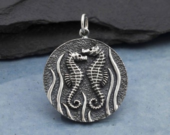 Seahorse Coin Pendant in Sterling Silver. Sterling Silver Charm. Charms Only.  Couple Charm. Beach Charm