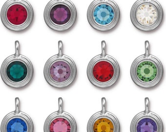 Birthstone charms. Stepped Bezel Birthstone Charm, Bright Rhodium or Bright Gold-Plated Lead-Free Pewter,