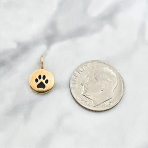 Puede incluir: Encanto de oro con un dise&ntilde;o de huella de pata negra. El encanto es aproximadamente del tama&ntilde;o de una moneda de diez centavos de d&oacute;lar estadounidense.