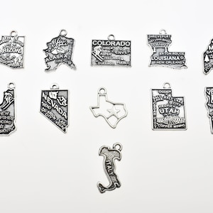 State Charms in antique silver metal. Silver Charms. Jewelry Findings. State Charms.