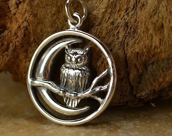 Sterling Silver Openwork Moon Charm With Owl. Halloween Charm. Sterling Silver Charm. Owl Pendant.