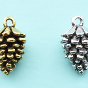 May include: Two pine cone charms, one gold and one silver, with a loop at the top for attaching to jewelry or crafts.