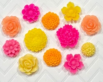 Flower Push Pins or Magnets Set in Shades of Bright Pink, Orange & Yellow