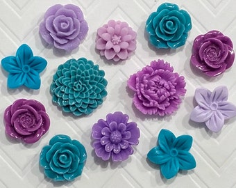 Flower Push Pins or Magnets Set in Teal and Purple -