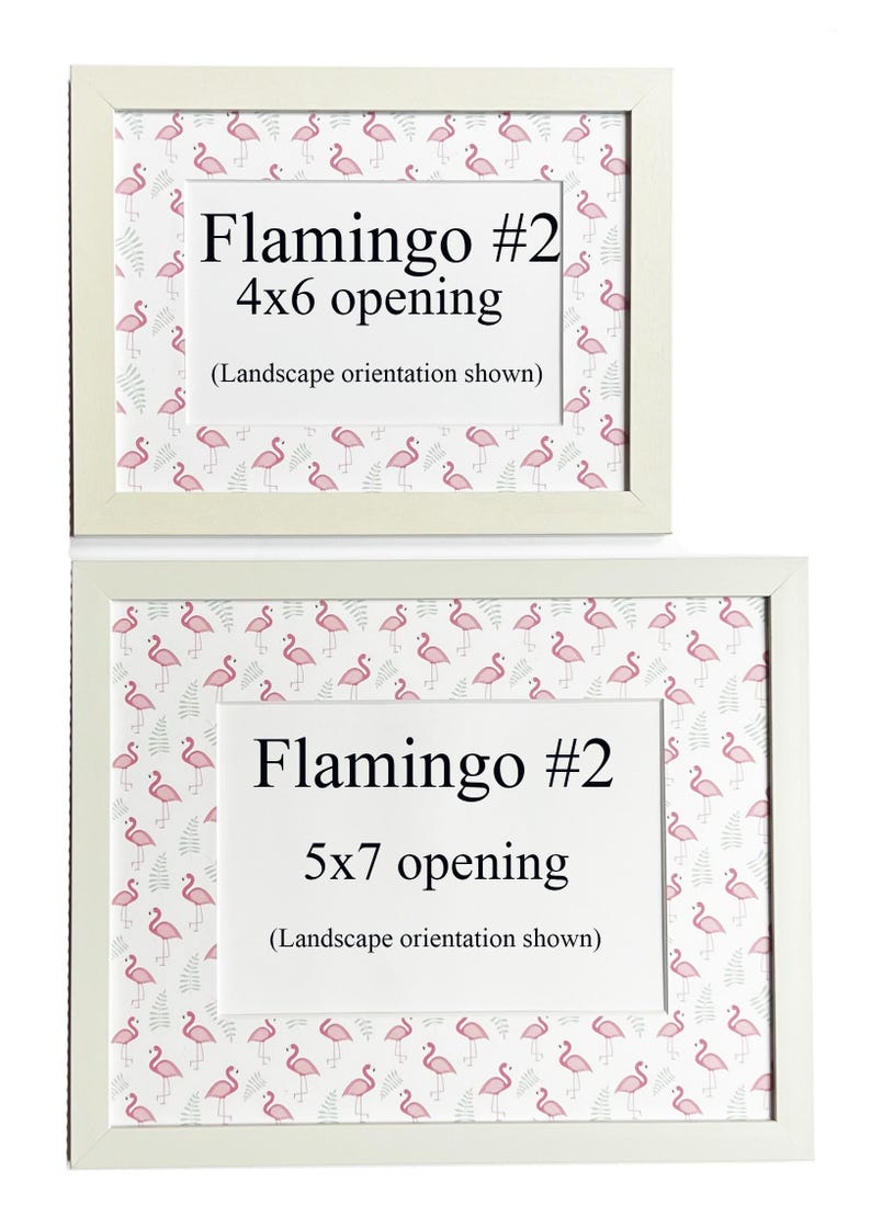 May include: Two white framed prints. The top frame is labeled "Flamingo #2 4x6 opening" and the bottom frame is labeled "Flamingo #2 5x7 opening". Both frames have a flamingo and fern pattern.