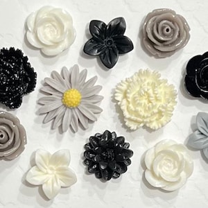 Flower Push Pins or Magnets Set in Black, White & Grey image 1