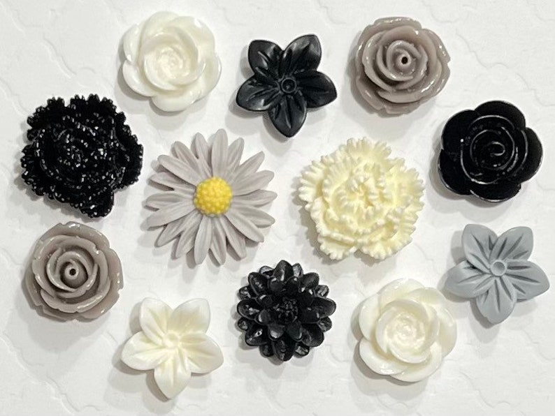 Flower Push Pins or Magnets Set in Black, White & Grey image 1