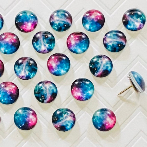 Galaxy Push Pins Set - outer space nebula, blue and purple thumbtacks, nerd gift