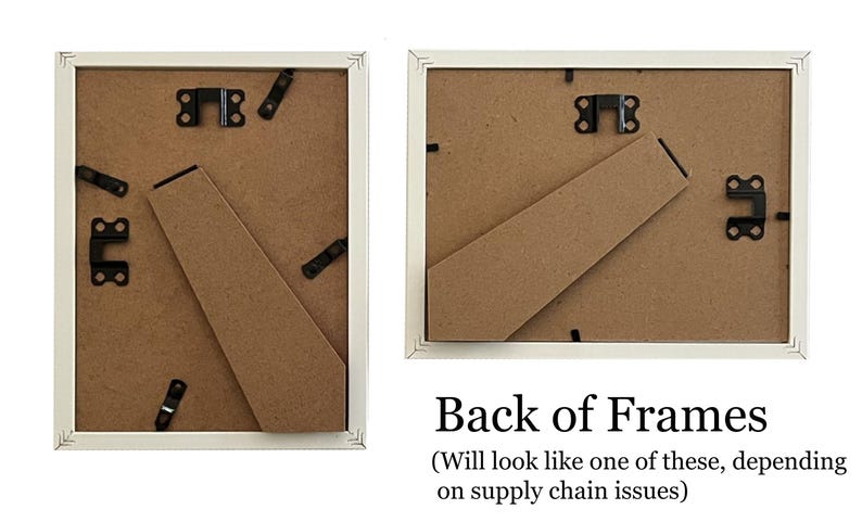 May include: Two rectangular picture frames with the backs visible. The backs are brown with black hardware and a cardboard easel. The text "Back of Frames" is visible.