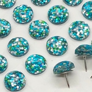 Multicolor Glittery Push Pins - glitter, sparkly thumbtacks, gift, Teal, green & Silver, more colors
