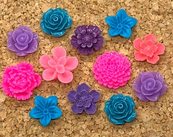 Flower Push Pins or Magnets Set in Teal, Purple and Pink