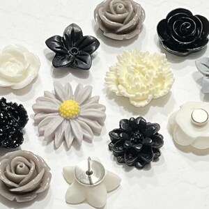 Flower Push Pins or Magnets Set in Black, White & Grey image 2