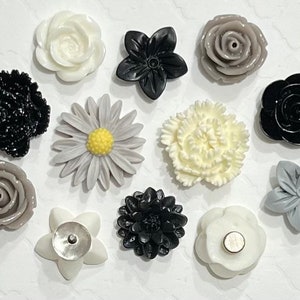 Flower Push Pins or Magnets Set in Black, White & Grey image 3