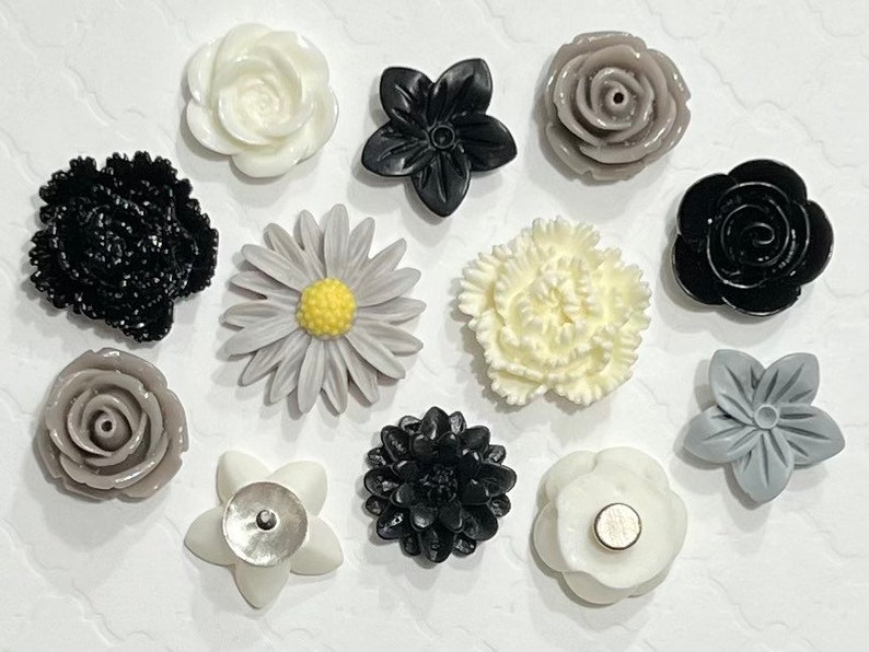 Flower Push Pins or Magnets Set in Black, White & Grey image 3