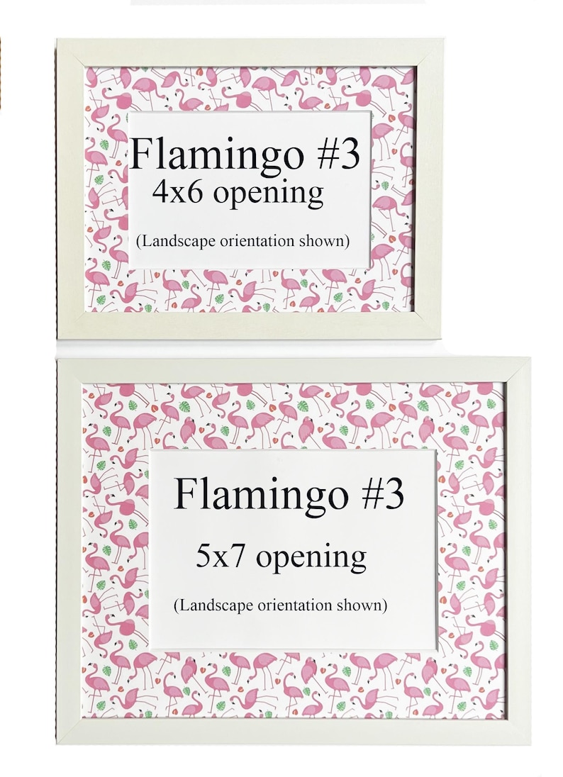 May include: Two white framed prints with flamingo pattern backgrounds. The top frame is labelled "Flamingo #3 4x6 opening" and the bottom frame is labelled "Flamingo #3 5x7 opening". Both frames have a landscape orientation.