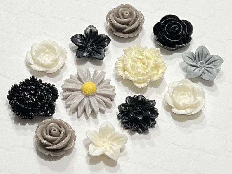 Flower Push Pins or Magnets Set in Black, White & Grey image 4