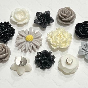Flower Push Pins or Magnets Set in Black, White & Grey image 6