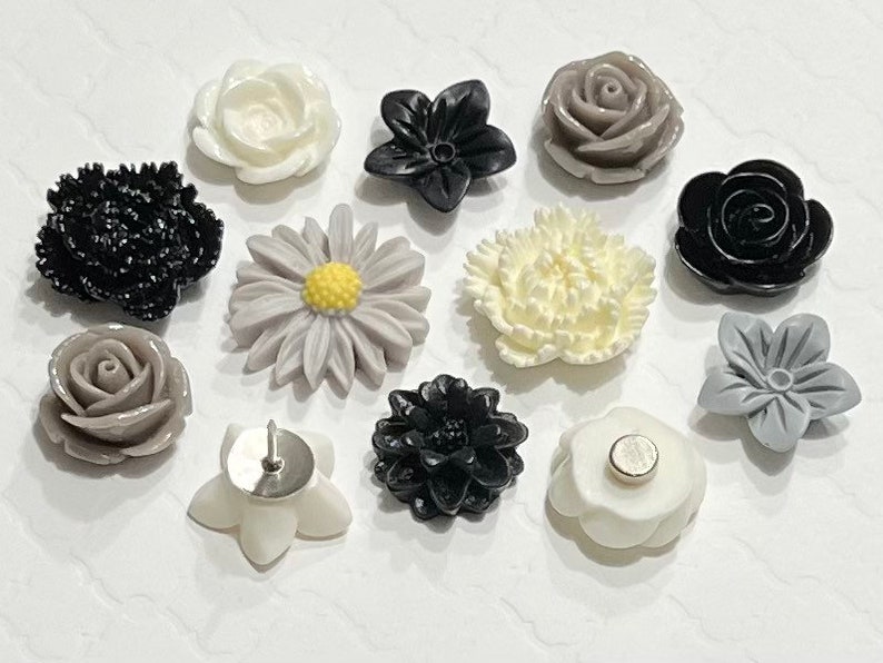 Flower Push Pins or Magnets Set in Black, White & Grey image 6