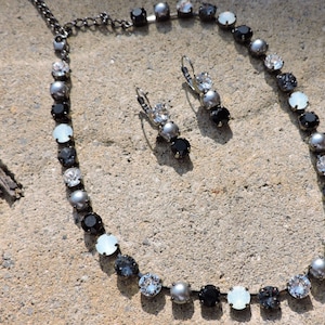 The shades between black and white!  jet, white opal, silver night, grey pearl, clear swarovski crystal necklace, bracelet or earrings!