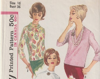 Top Pattern Misses' Size 16 Bust 36 V-Neckline or Roll Collar Back Buttoned Blouse Vintage 1960s Simplicity Sewing Pattern 5111 CUT