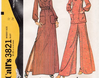 Dress, Top and Pants Patterns Misses Size 12 Bust 34 Vintage 1970's Palazzo Pants Long Dress Pullover Top McCall's Sewing Pattern 3821 Uncut