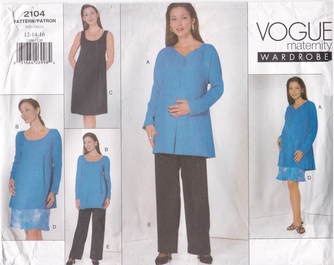Maternity Jacket, Dress, Top, Skirt and Pants Size 12 14 16 Vogue Sewing Pattern 2104 Uncut