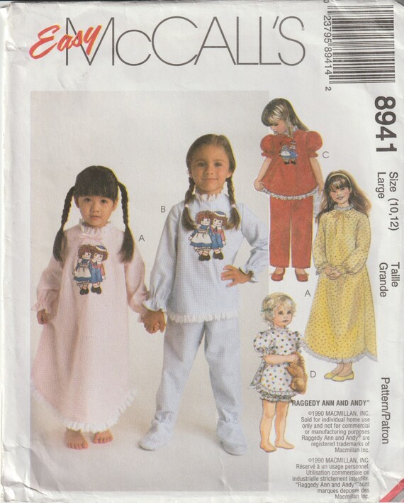 Girls Nightgown Tops and Bottoms Pajamas Size Large 10 12 Raggedy Ann and Andy Iron on Transfer Easy Mccall s Sewing Pattern 8941 Uncut Etsy UK