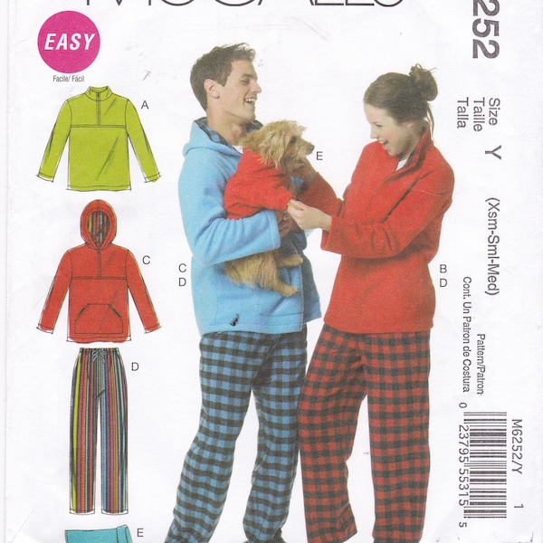 Pants, tops and Dog Coat Pattern Misses', Men's, Teen Boys' Sizes XSmall , Small, Medium Hooded Pullover McCall's Sewing Pattern 6252 Uncut