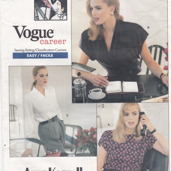 Vogue Sewing Pattern 2069 Front Button Blouse, Front Wrap V-Neckline Top and Round Neckline Top by Anne Klein II Size 12 14 16