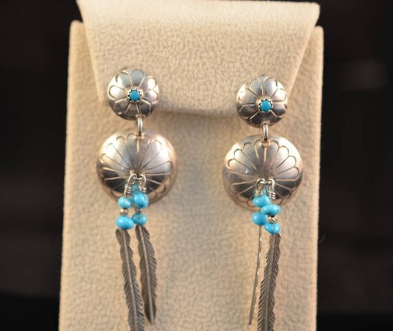 Double disk linked drop earrings with feather dan… - image 3