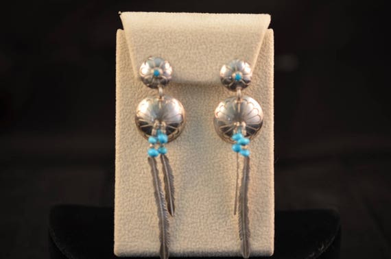 Double disk linked drop earrings with feather dan… - image 1