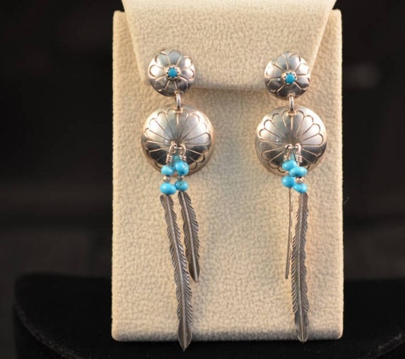 Double disk linked drop earrings with feather dan… - image 2